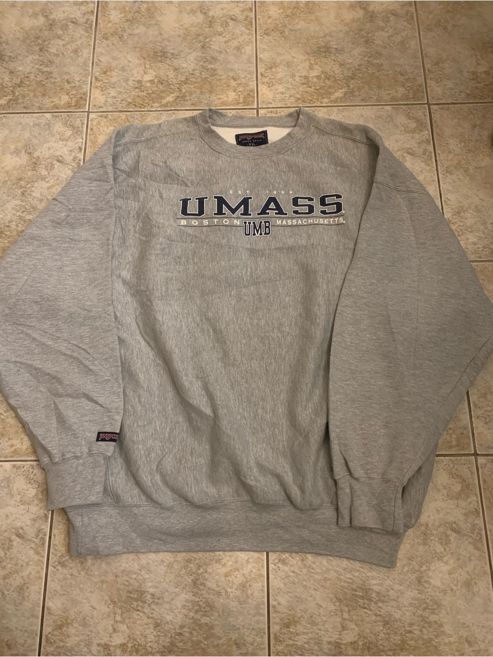 Jansport Gray UMASS Boston Crewneck Sweatshirt with Navy Logo